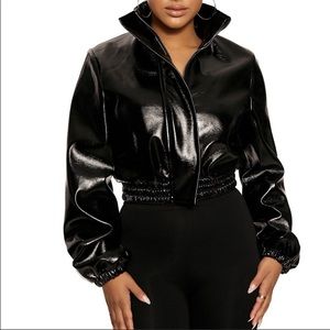 Naked Wardrobe Cropped Leather Vinyl Bomber Jacket